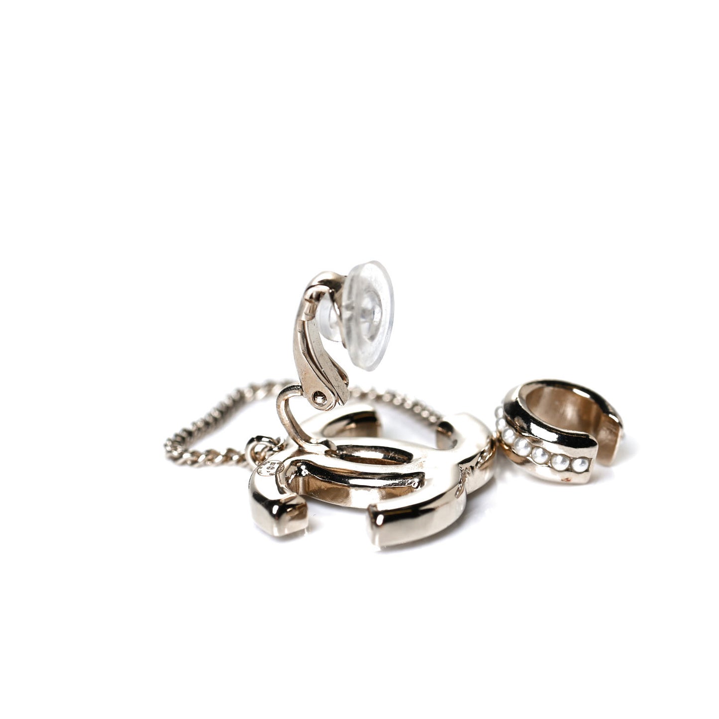Pearl CC Chain Cuff Single Earring Gold Pearly White