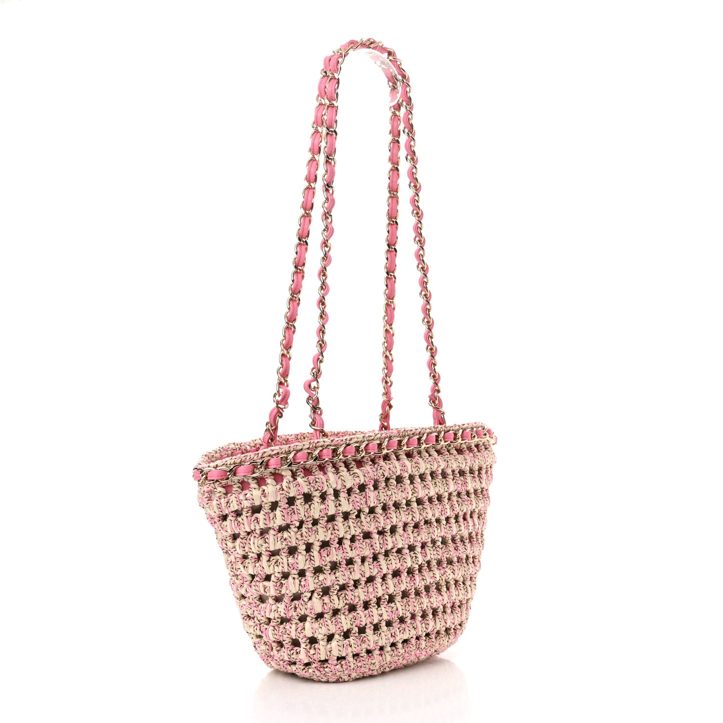 Mixed Fibers Calfskin Crochet Small Shopping Bag Beige Pink