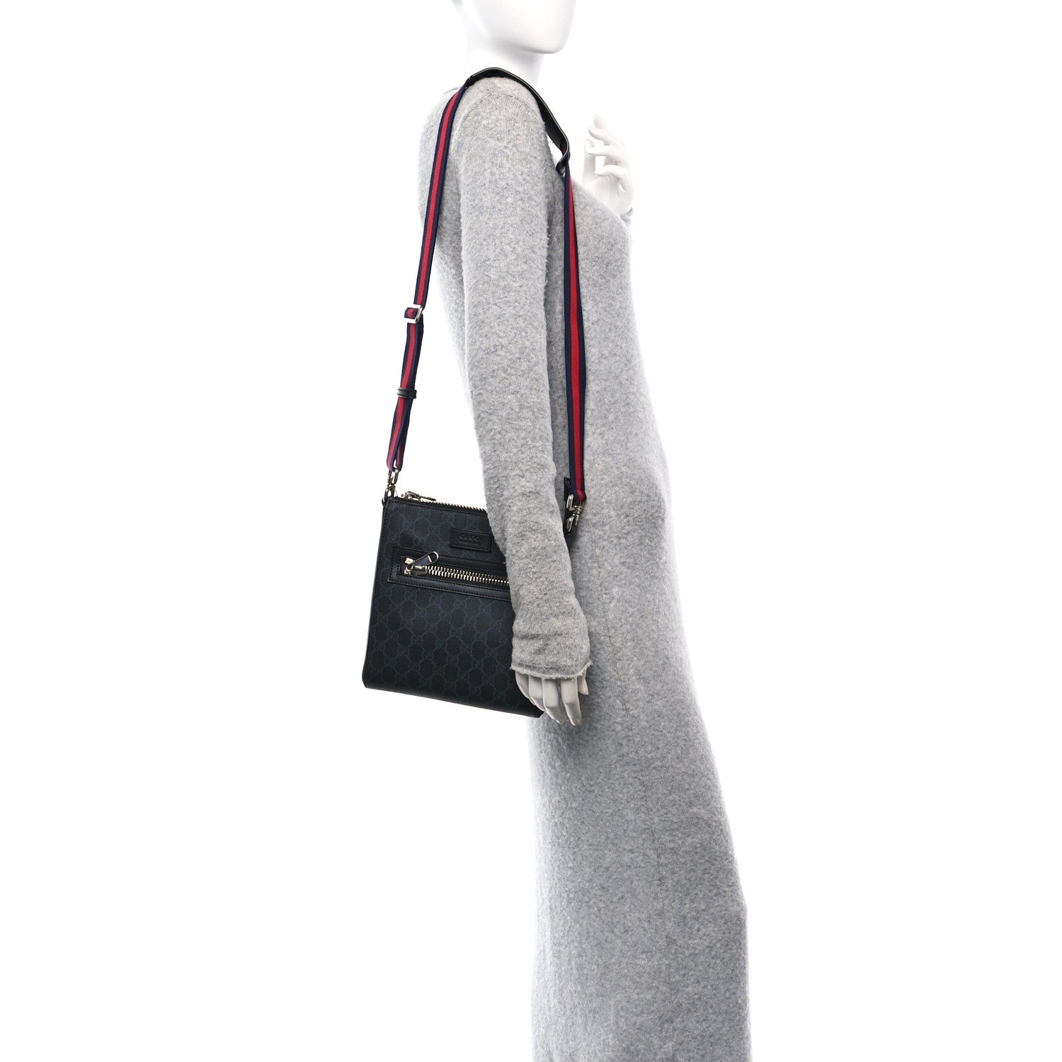 Gucci GG Supreme Monogram Web Small Flat Messenger Bag Black Grey 2 of 10