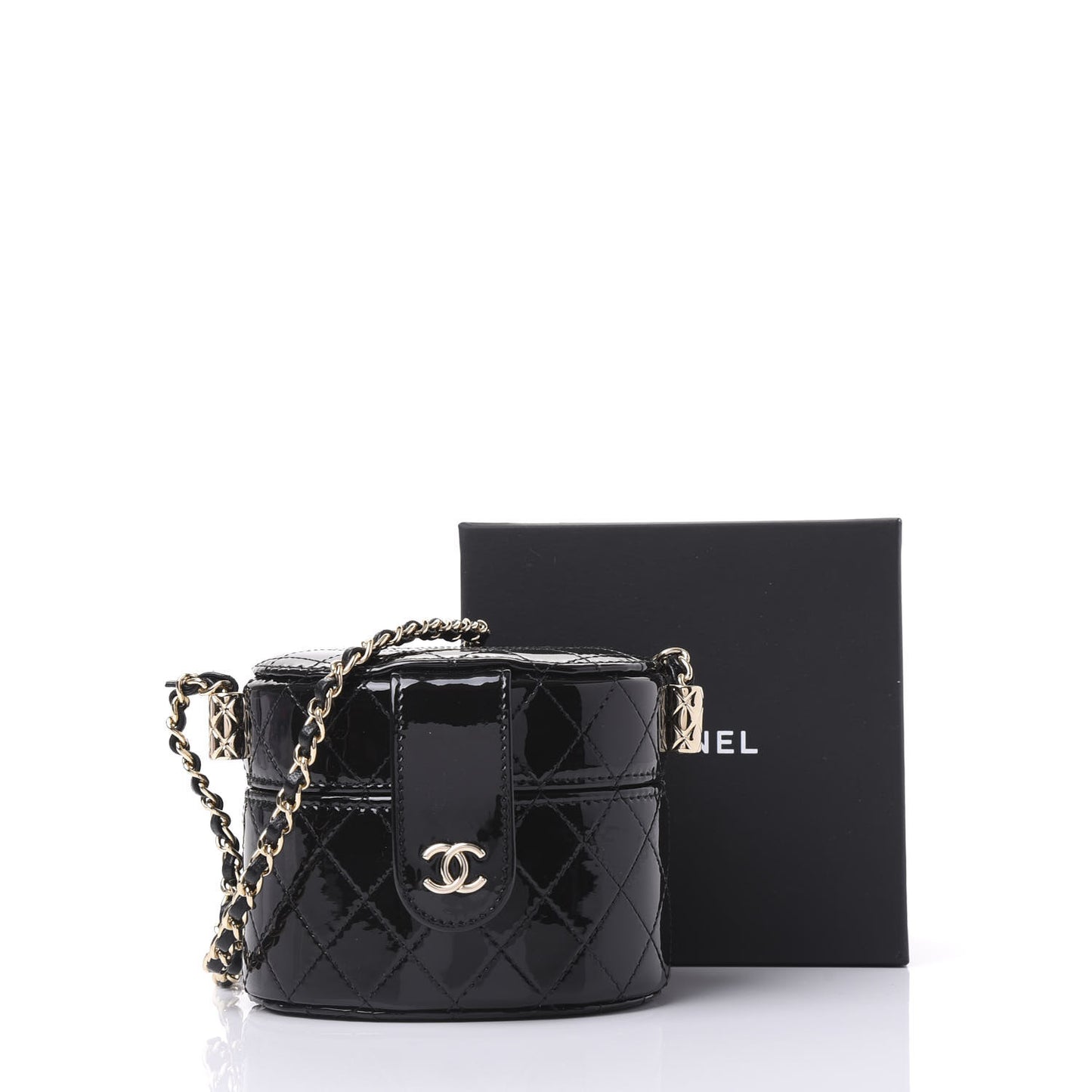 Patent Quilted Round Small Vanity With Chain Black