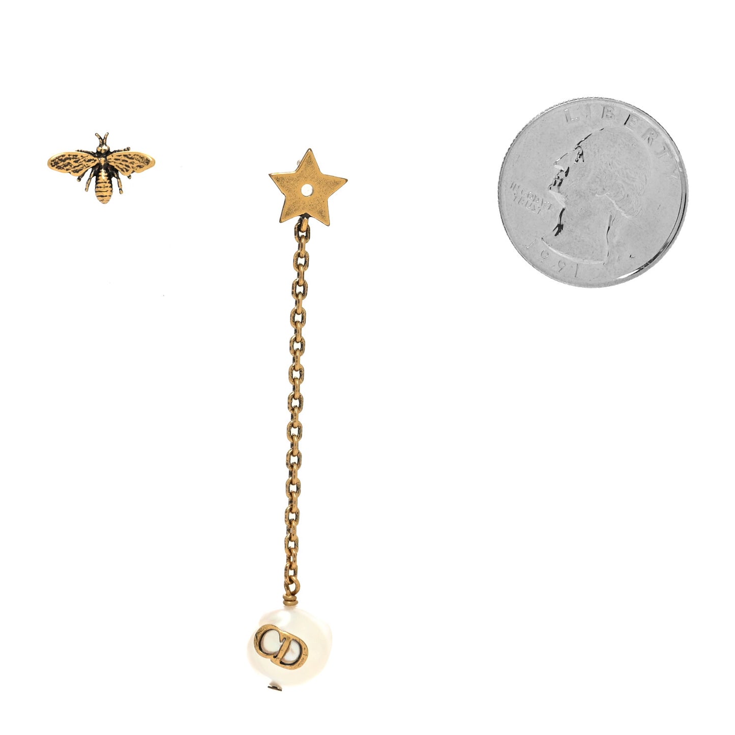 Metal Pearl Bee Star CD Drop Chain Earrings Aged Gold