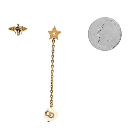 Christian Dior Metal Pearl Bee Star CD Drop Chain Earrings Aged Gold 2 of 4
