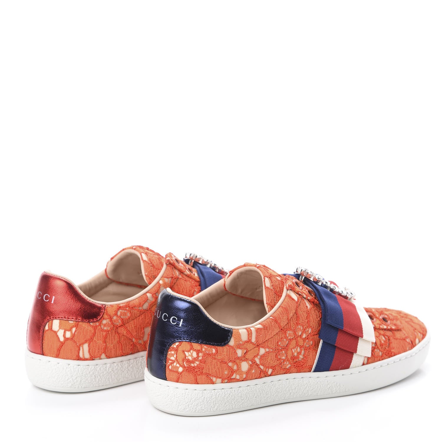 Gucci Lace Crystal Sylvie Web Flower Leaf Womens Ace Sneakers 35.5 Hot Orange Tan Beige 4 of 7