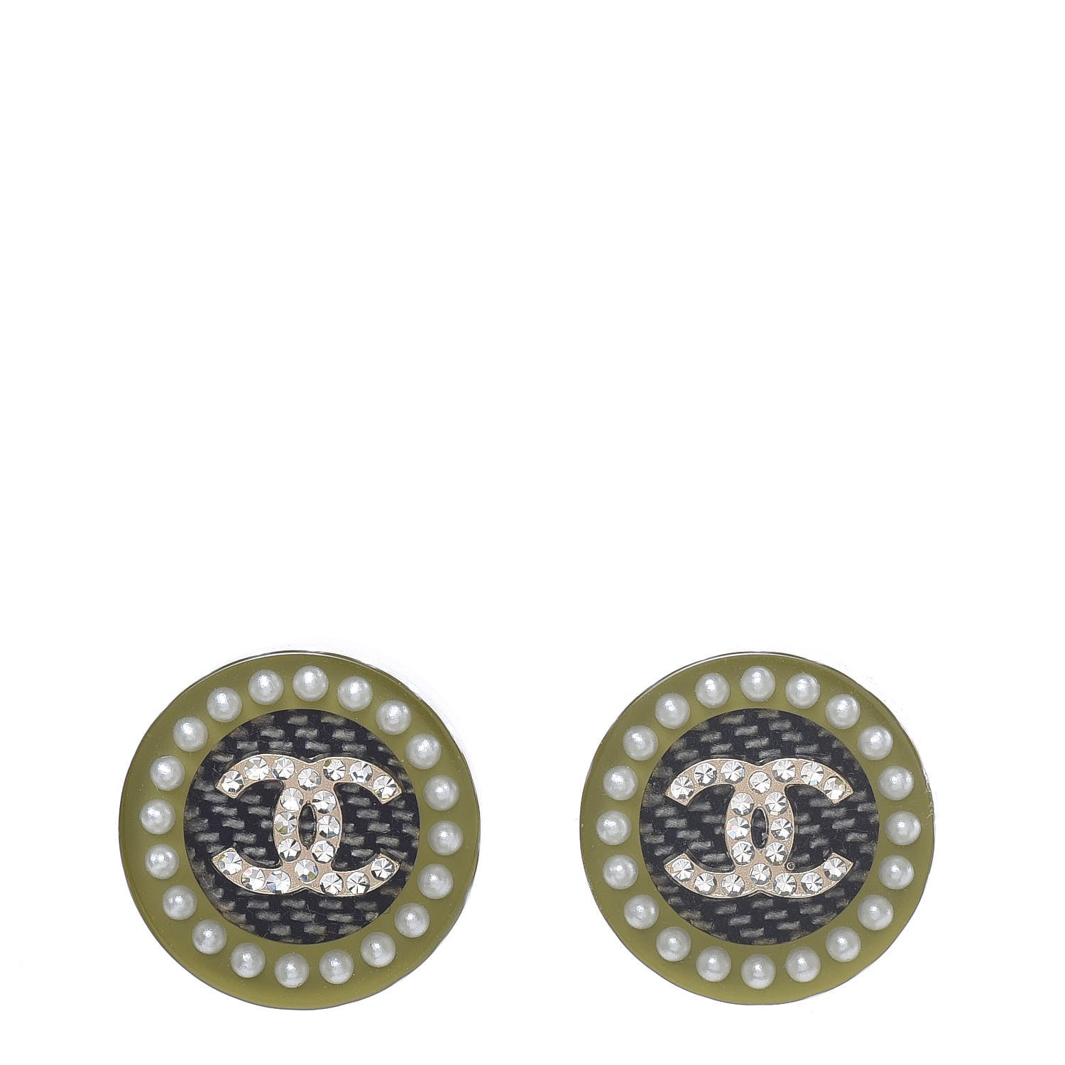 Chanel Resin Crystal Pearl CC Stud Earrings Black Green 1 of 5