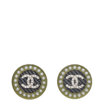 Chanel Resin Crystal Pearl CC Stud Earrings Black Green 1 of 5