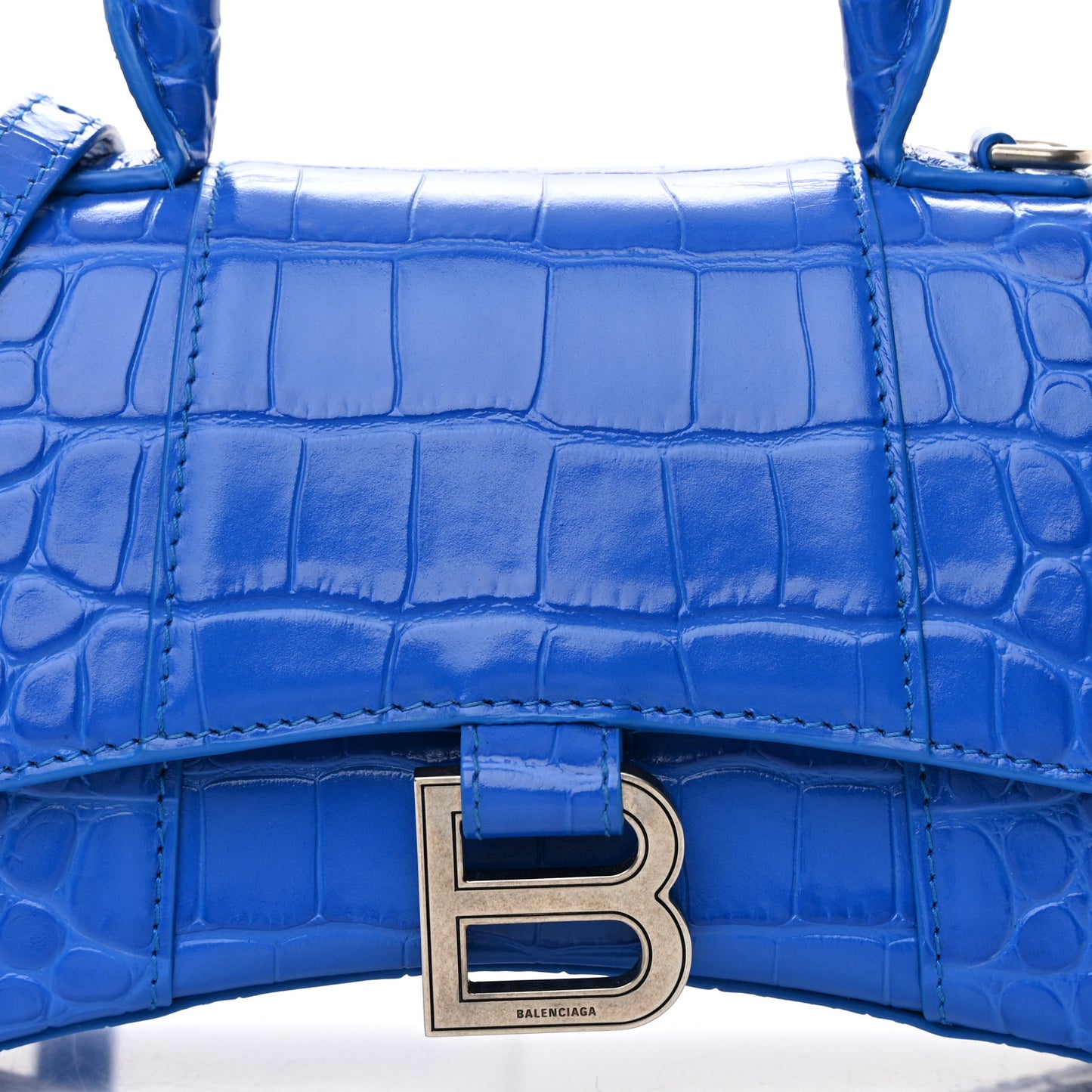 Shiny Calfskin Crocodile Embossed Hourglass Top Handle Bag XS Royal Blue