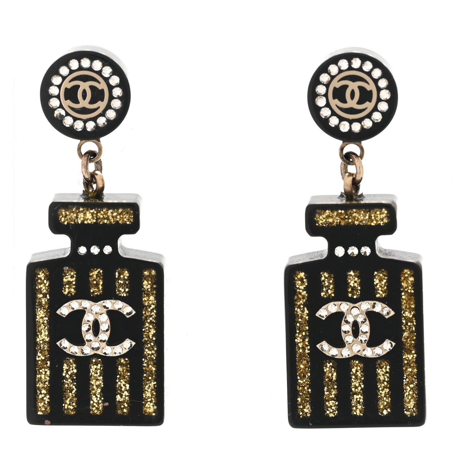 Chanel Resin Strass Perfume Bottle CC Earrings Black Gold 1 of 5