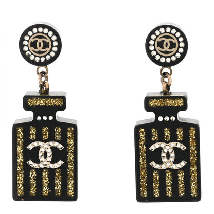 Chanel Resin Strass Perfume Bottle CC Earrings Black Gold 1 of 5