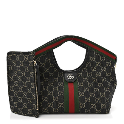 Gucci Denim GG Monogram Web Small Giglio Tote Black Ivory 3 of 10