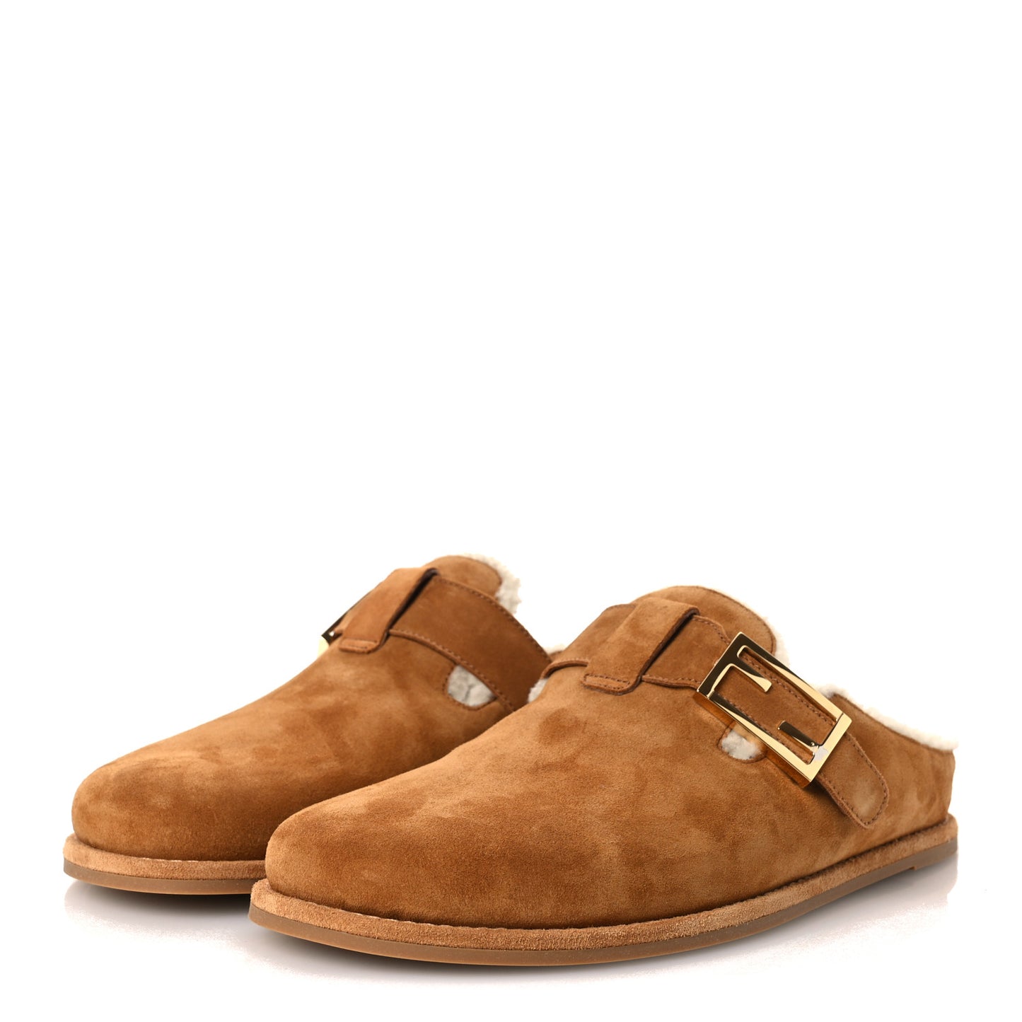 Suede Shearling Fendi Feel Buckled Clogs 41 Caramel Latte