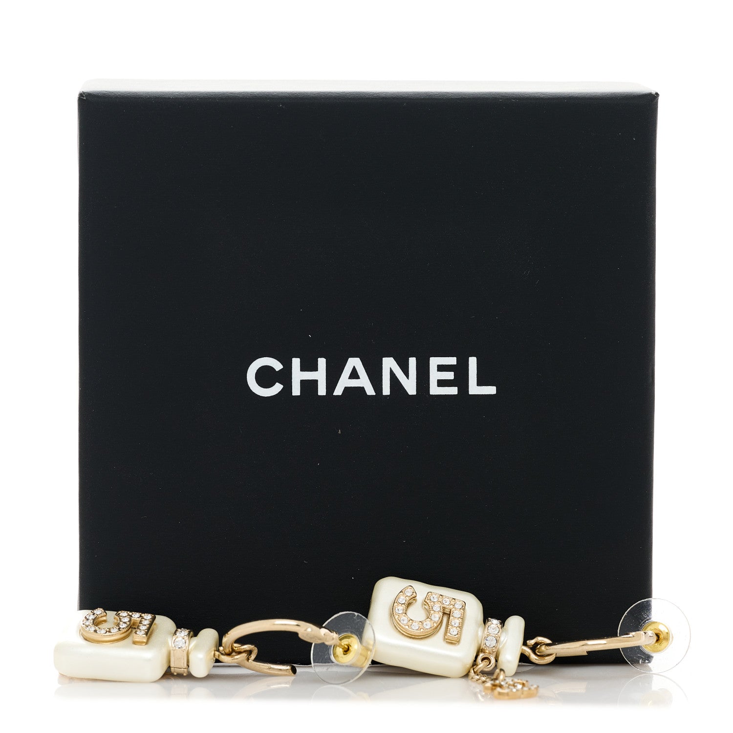 Chanel Pearl Resin Crystal CC No 5 Perfume Bottle Hoop Drop Earrings Gold Pearly White 5 of 5