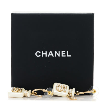 Chanel Pearl Resin Crystal CC No 5 Perfume Bottle Hoop Drop Earrings Gold Pearly White 5 of 5