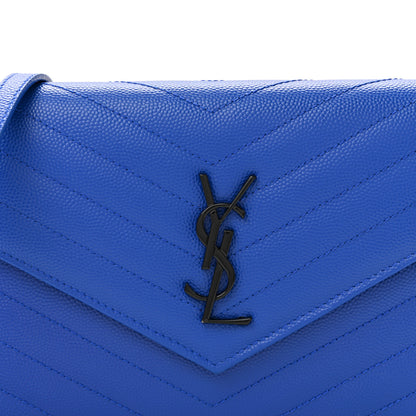 Saint Laurent Grain De Poudre Matelasse Chevron Monogram Envelope Chain Wallet Blue Majorelle 9 of 11