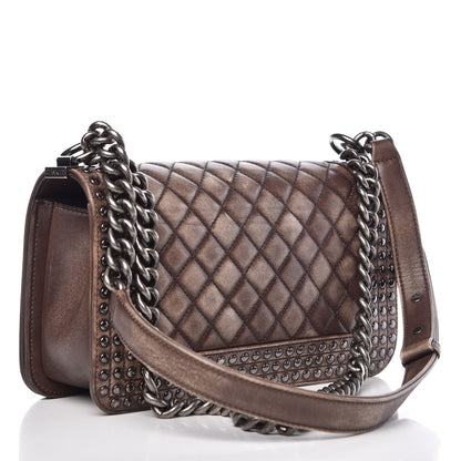 Chanel Faded Calfskin Quilted Medium Studded Boy Flap Beige 3 of 11