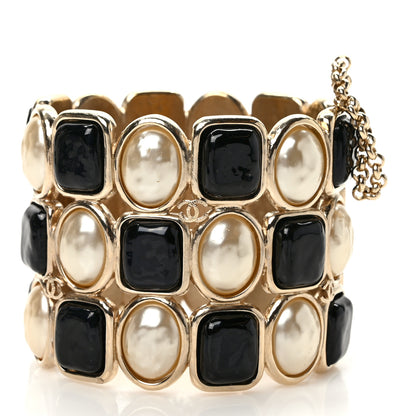 Chanel Resin Enamel Pearl CC Cuff Bracelet Gold Black Pearly White 3 of 5