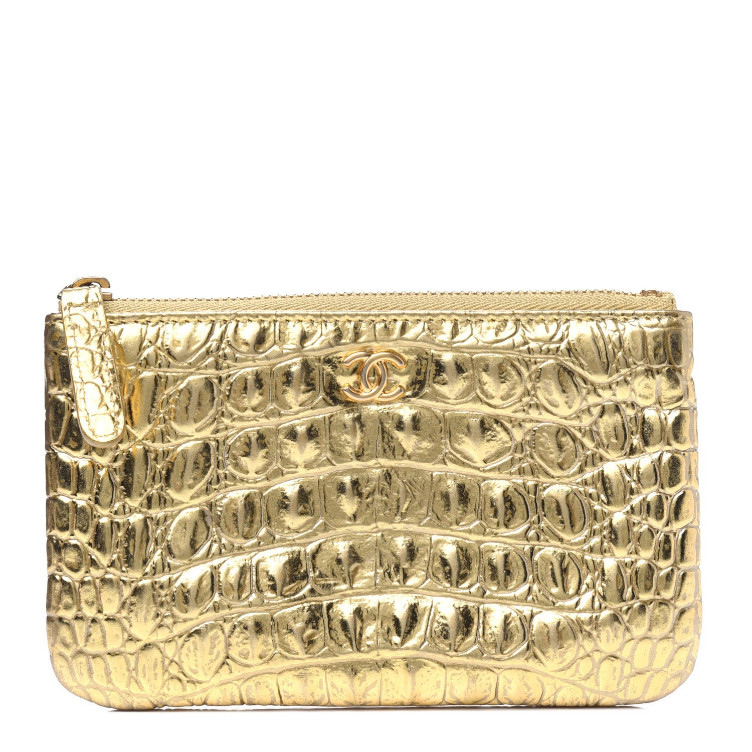 Chanel Metallic Calfskin Crocodile Embossed Cocodile Small Cosmetic Case Gold 1 of 4