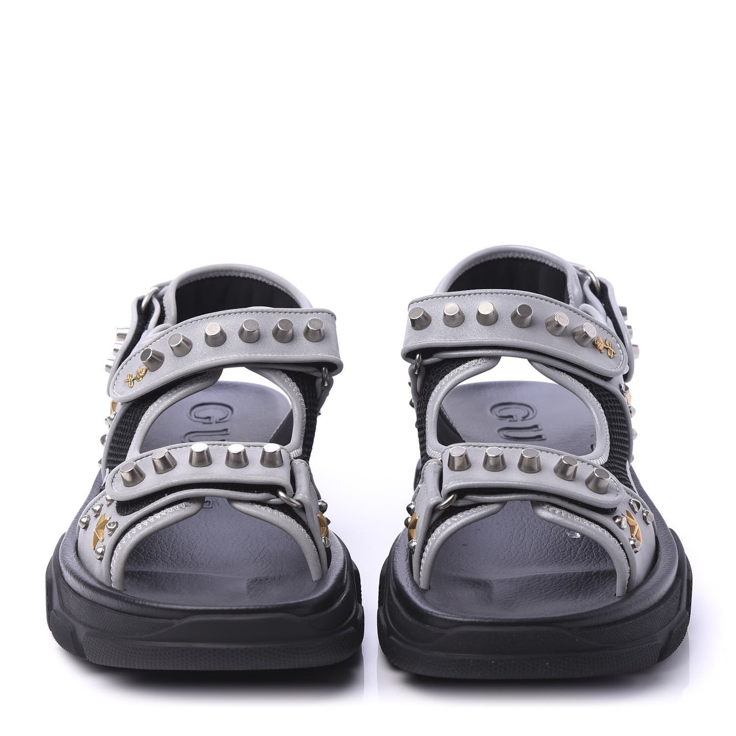 Technical Canvas Calfskin Reflective Studded Mens Aguru Sandals 10 Silver Black