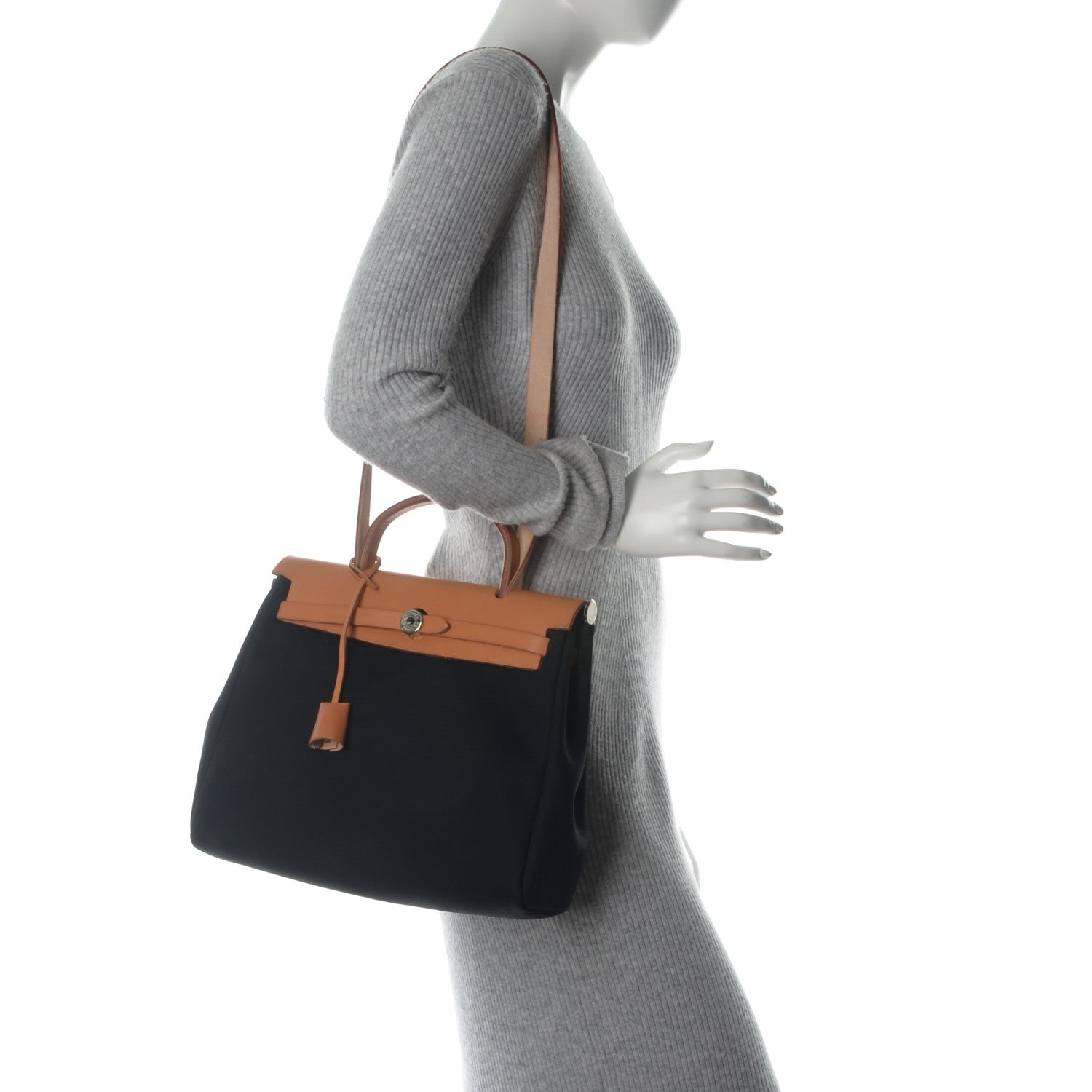 Hermes Toile Vache Calfskin Herbag 30 PM Black Natural 2 of 11