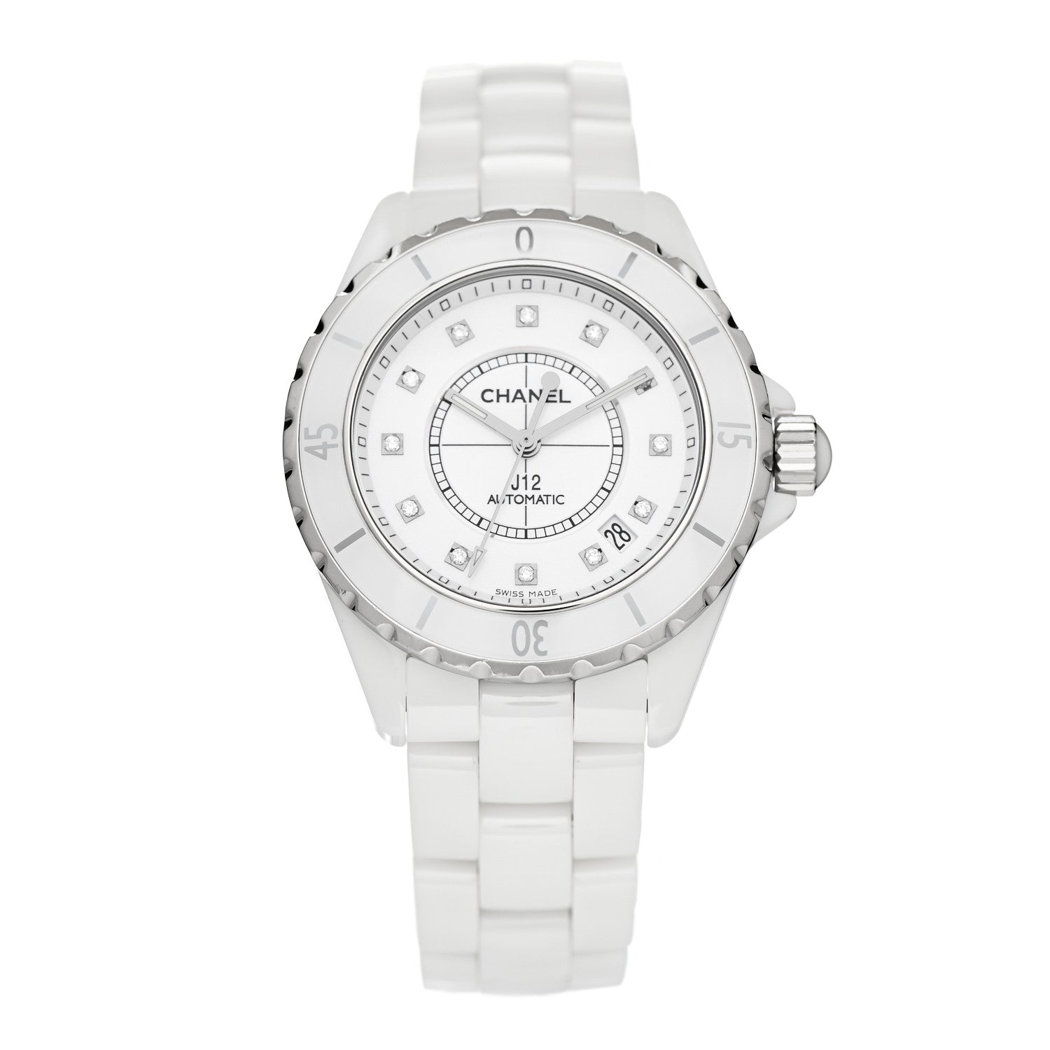 Chanel Stainless Steel Ceramic Diamond 38mm J12 Automatic Watch White 1 of 4