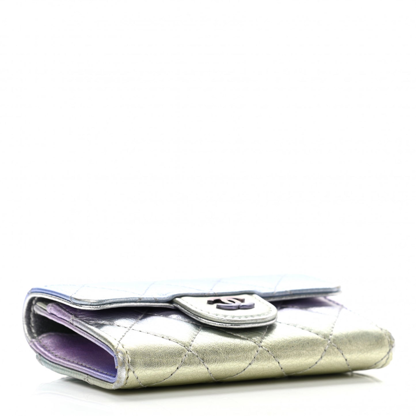 Gradient Metallic Calfskin Quilted Flap Card Holder Wallet Silver Blue Yellow Purple