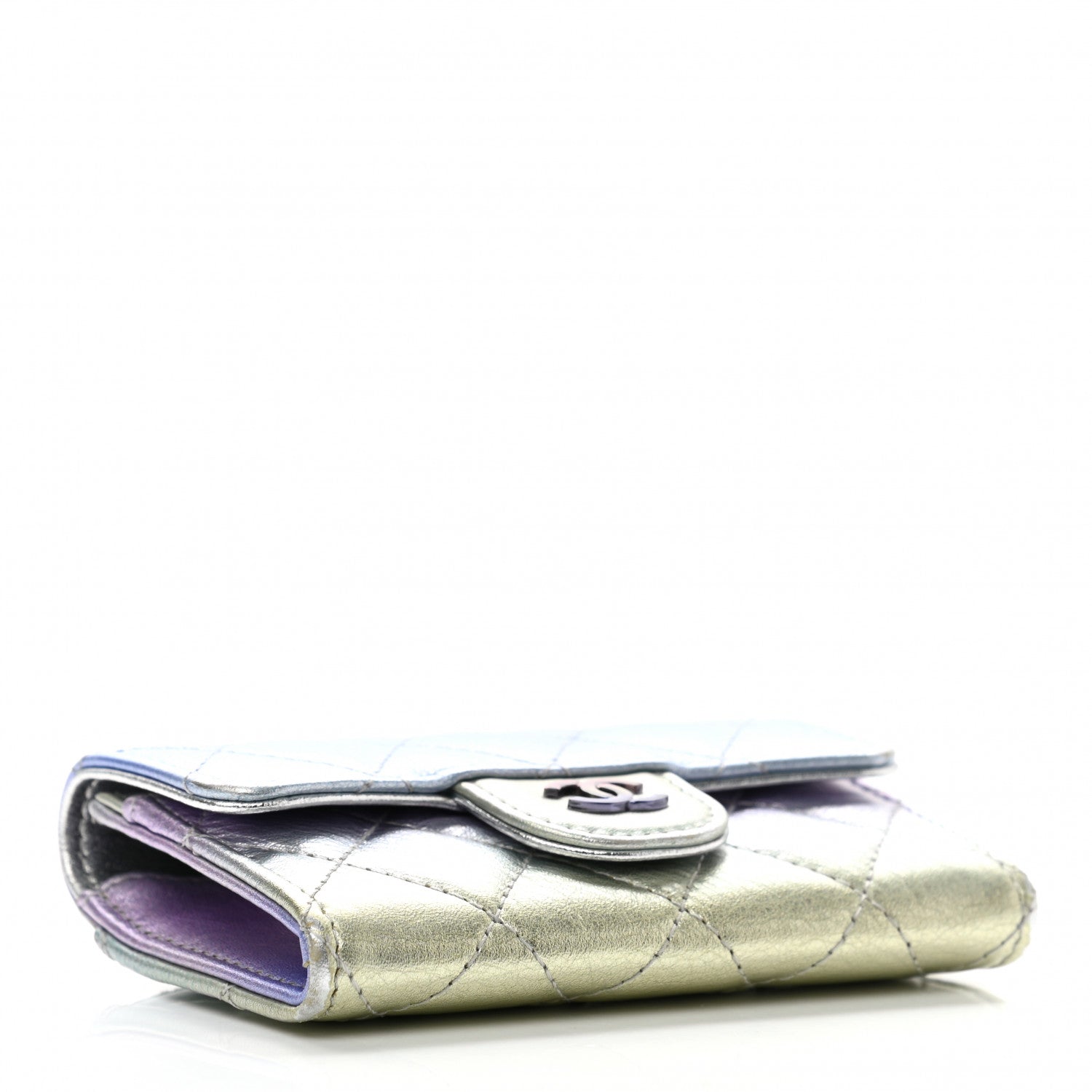 Chanel Gradient Metallic Calfskin Quilted Flap Card Holder Wallet Silver Blue Yellow Purple 4 of 11
