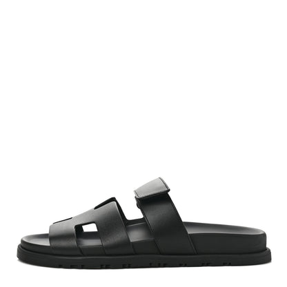 Hermes Calfskin Womens Chypre Sandals 37.5 Black 1 of 9