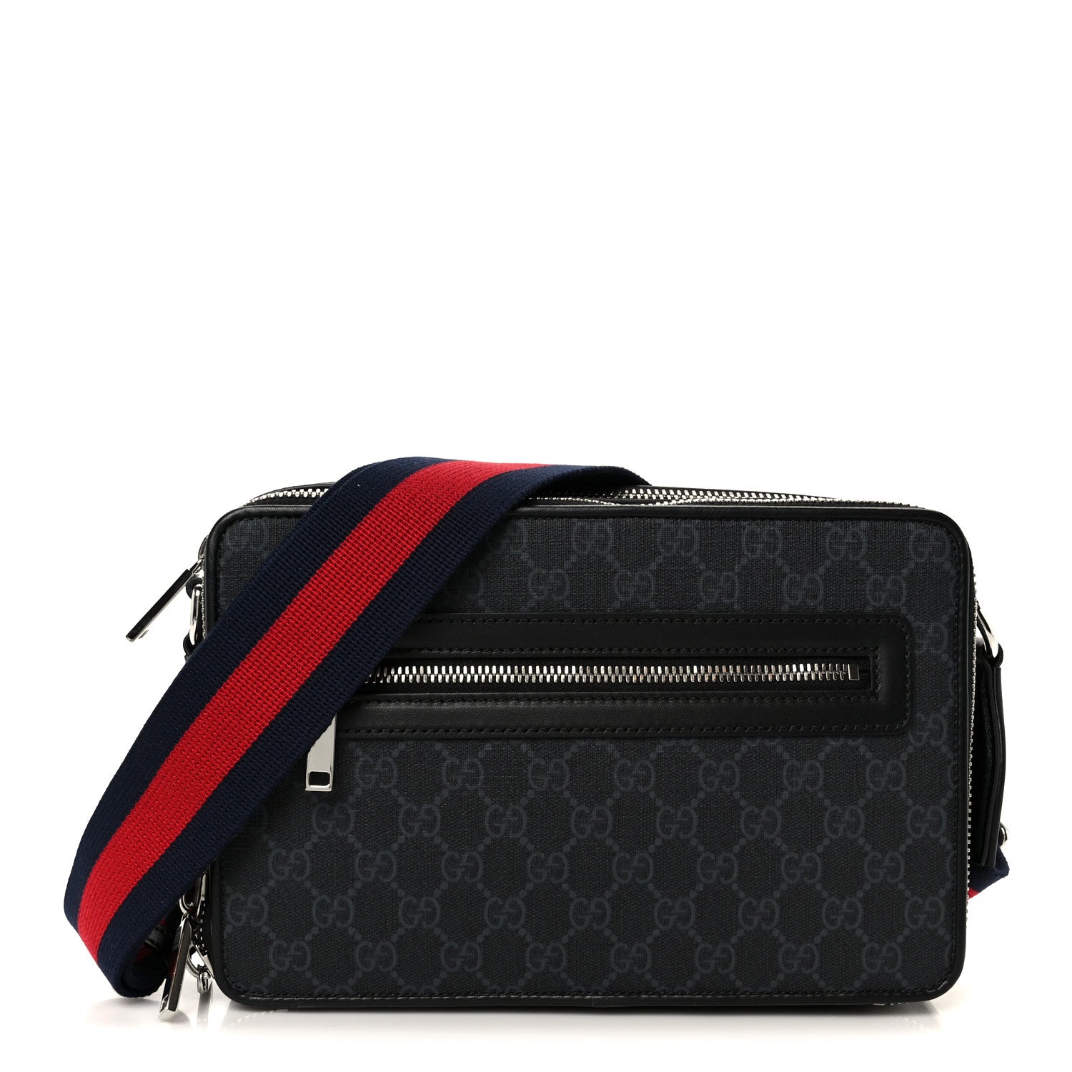 Gucci GG Supreme Monogram Calfskin Web Medium Messenger Bag Black Grey 1 of 11