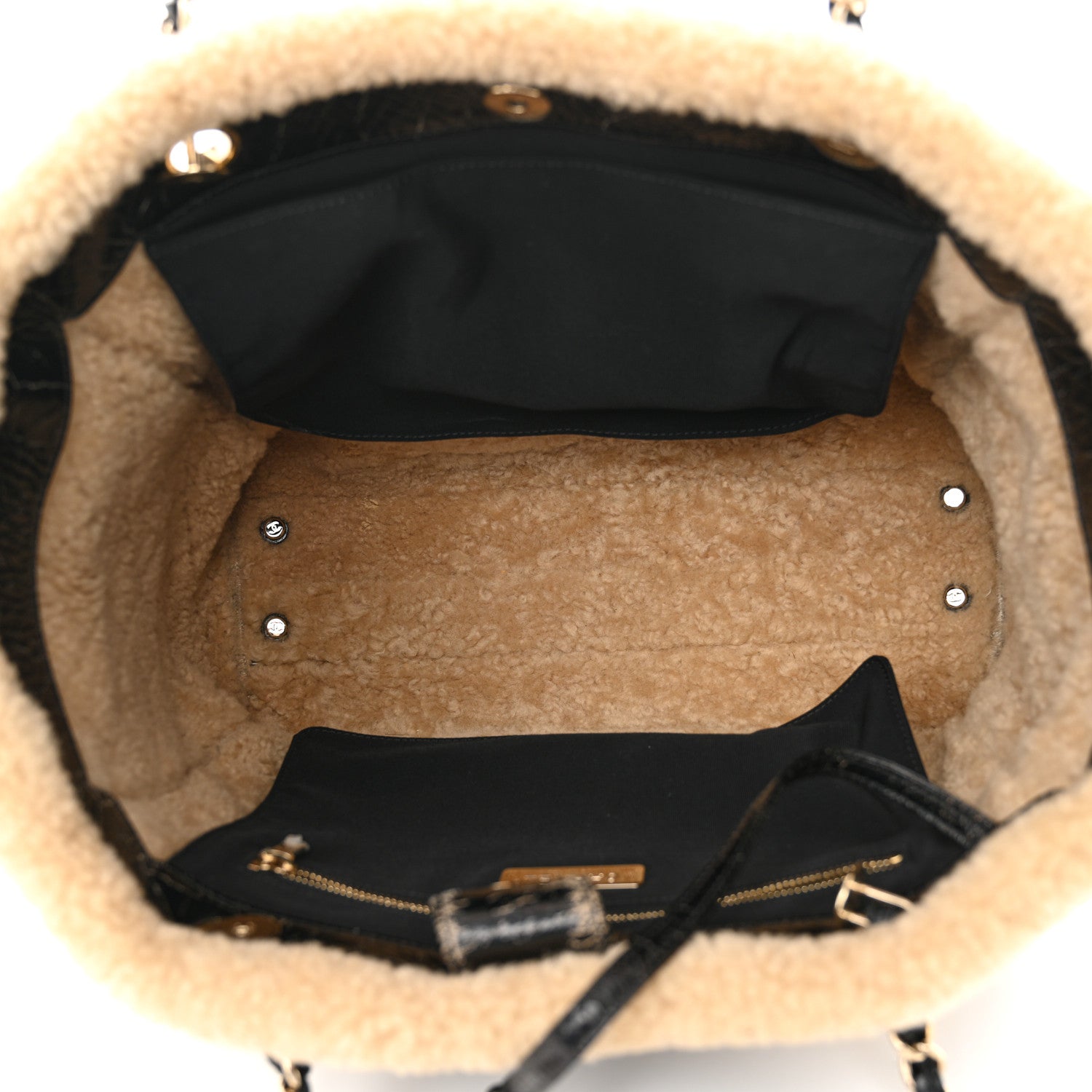 Chanel Shiny Crumpled Sheepskin Shearling CC Mania Tote Bag Black Beige 5 of 11