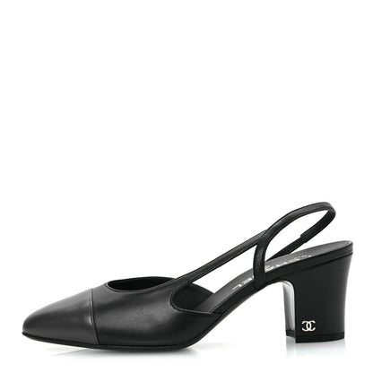 Chanel Lambskin Cap Toe CC Slingback Sandals 39.5 Black Dark Grey 1 of 13