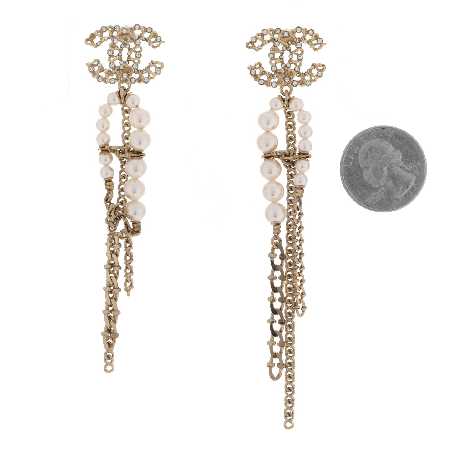 Pearl Crystal CC Chain Drop Earrings Light Gold Pearly White
