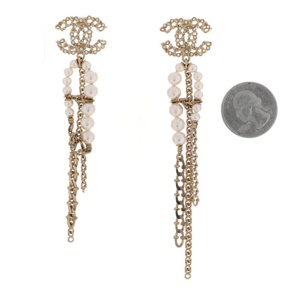 Chanel Pearl Crystal CC Chain Drop Earrings Light Gold Pearly White 2 of 4