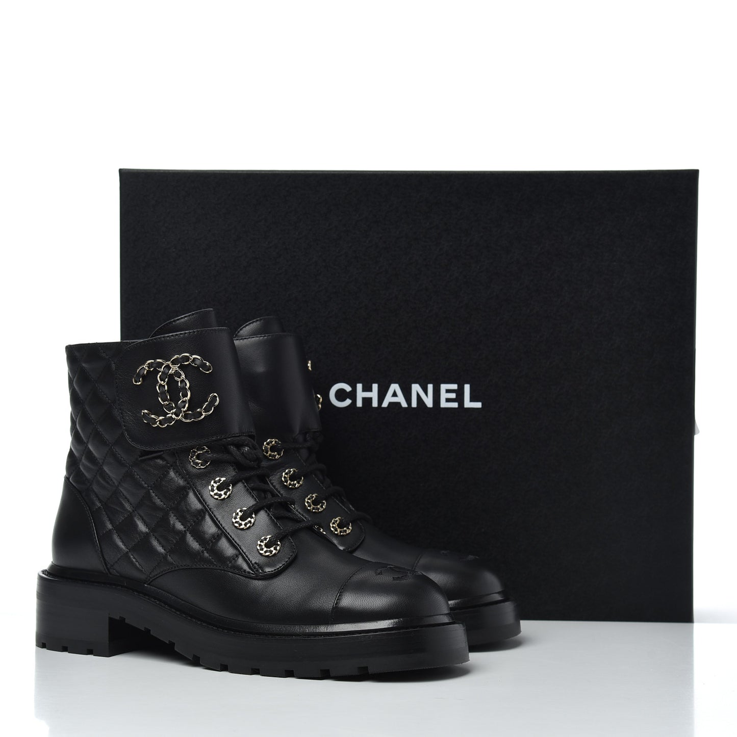 Shiny Lambskin Quilted Lace Up Combat Boots 38.5 Black
