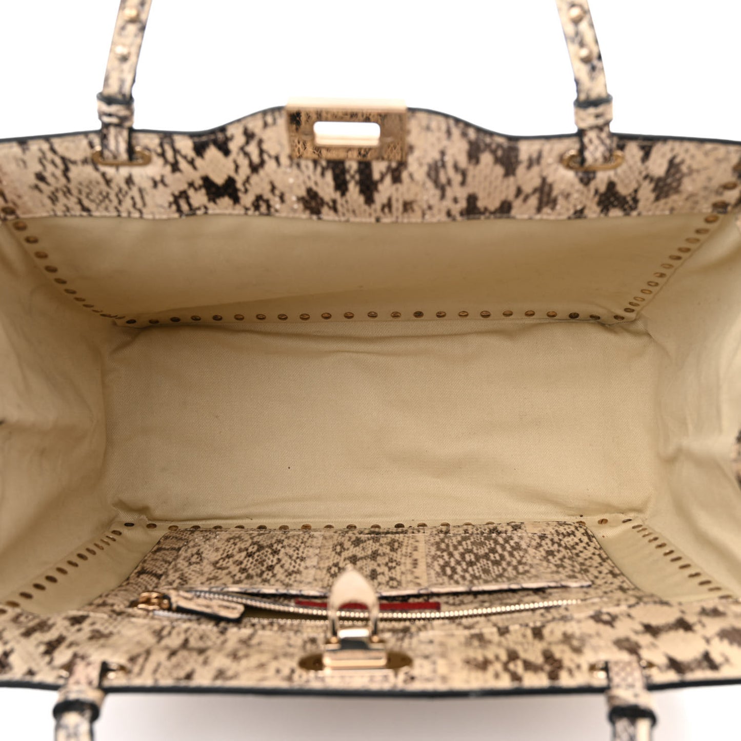 Snakeskin Medium Rockstud Tote Beige