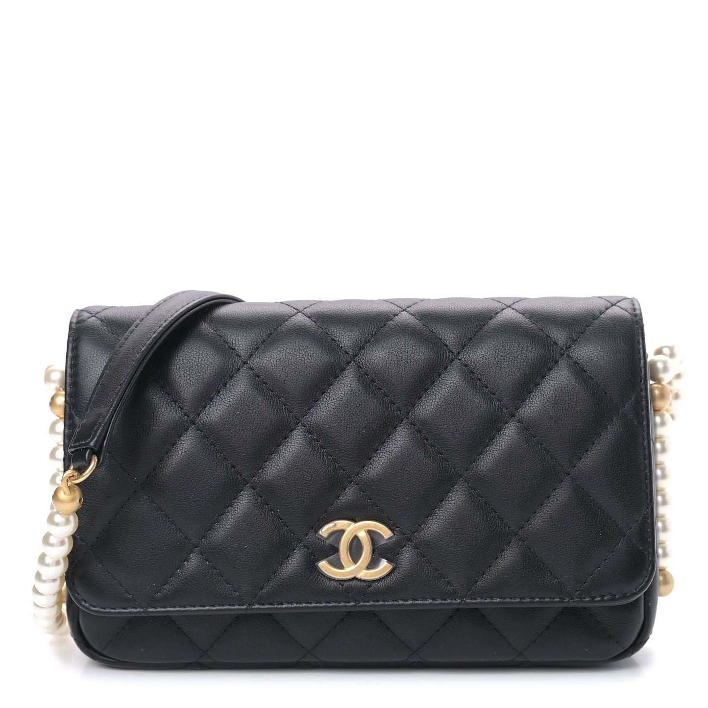 Calfskin Quilted Pearl Wallet On Chain WOC Black