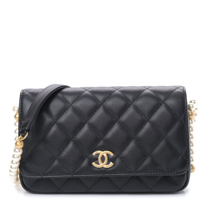 Chanel Calfskin Quilted Pearl Wallet On Chain WOC Black 1 of 8