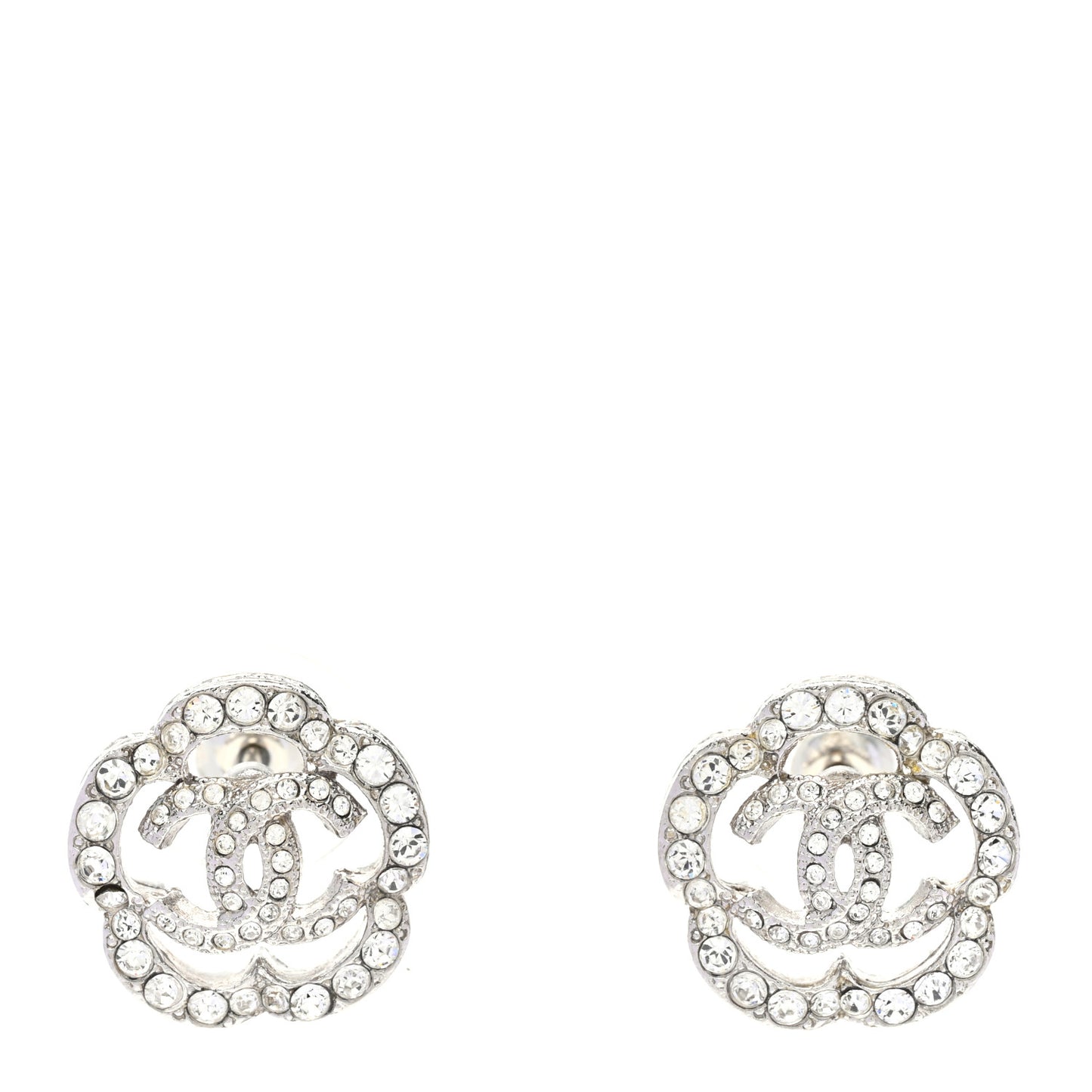 Crystal Coco Flapper Camellia CC Stud Earrings Silver
