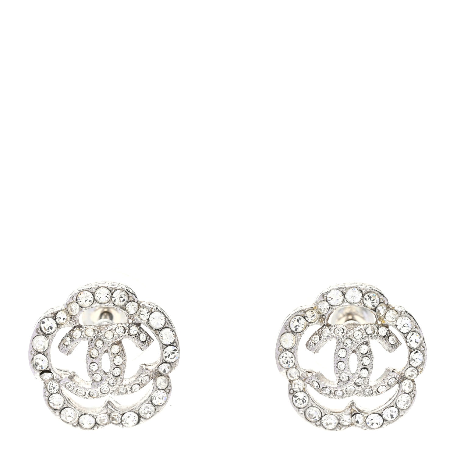 Chanel Crystal Coco Flapper Camellia CC Stud Earrings Silver 1 of 5