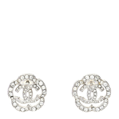 Chanel Crystal Coco Flapper Camellia CC Stud Earrings Silver 1 of 5