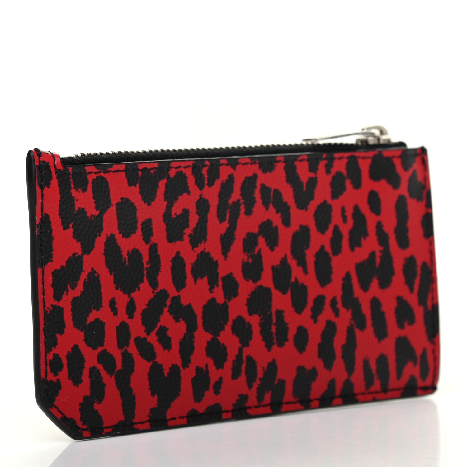 Saint Laurent Grain de Poudre Leopard Print 5 Fragments Zip Pouch Card Holder Red 3 of 7