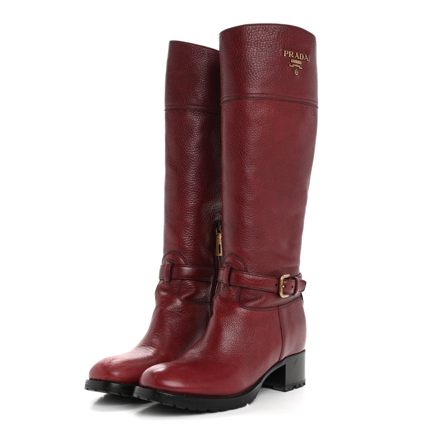Prada Calfskin Metal Logo Block Heel 65mm Knee Boots 39.5 Red 3 of 12