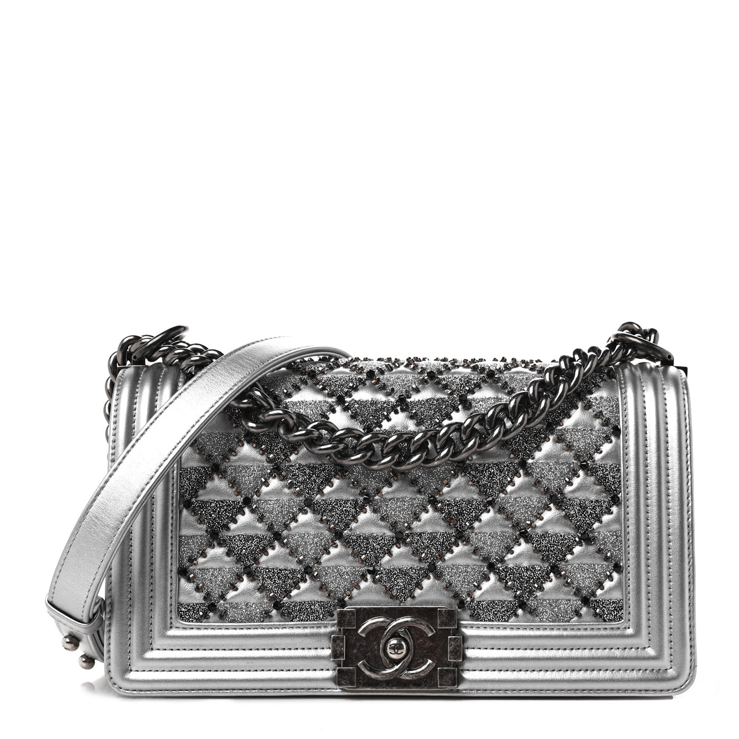 Metallic Lambskin Embellished Medium Boy Flap Silver