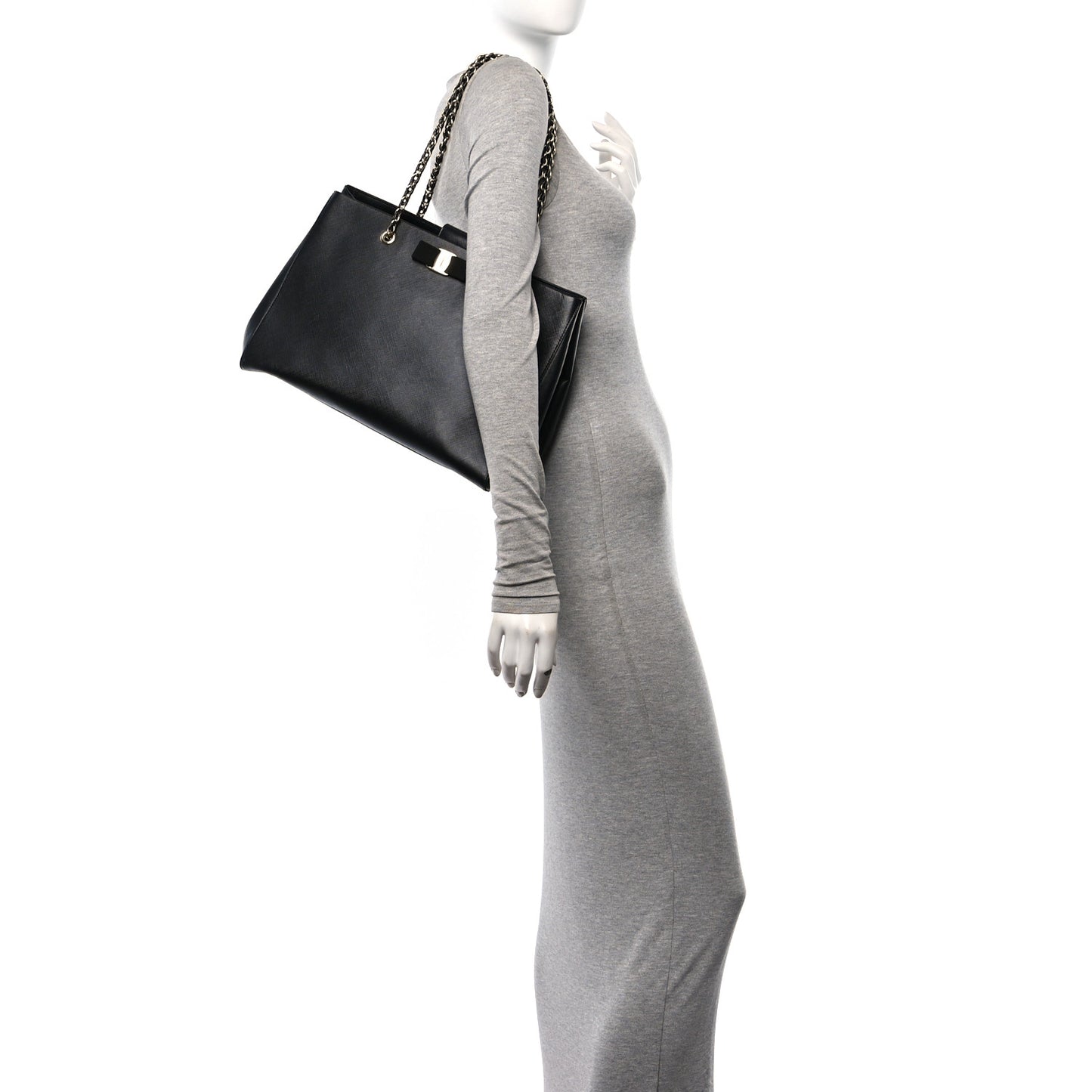Printed Calfskin Vara Bow Chain Tote Black