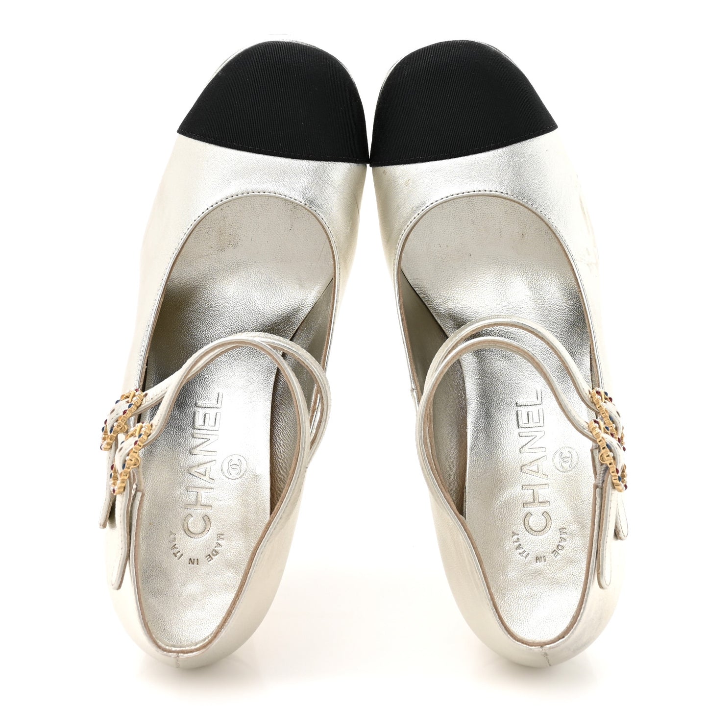 Laminated Lambskin Grosgrain Cap Toe CC Mary Jane Pumps 36 Silver Black