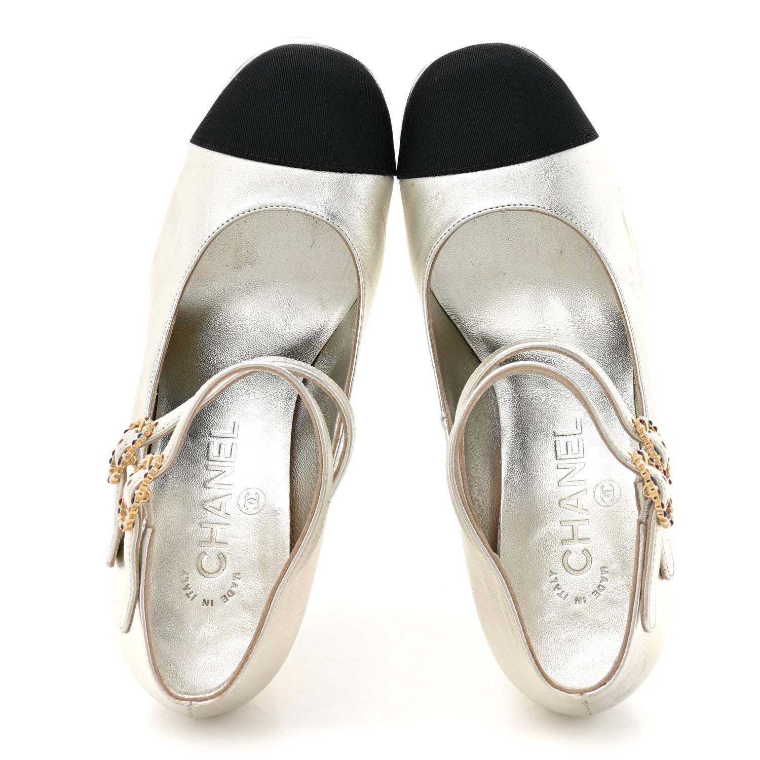 Chanel Laminated Lambskin Grosgrain Cap Toe CC Mary Jane Pumps 36 Silver Black 2 of 13