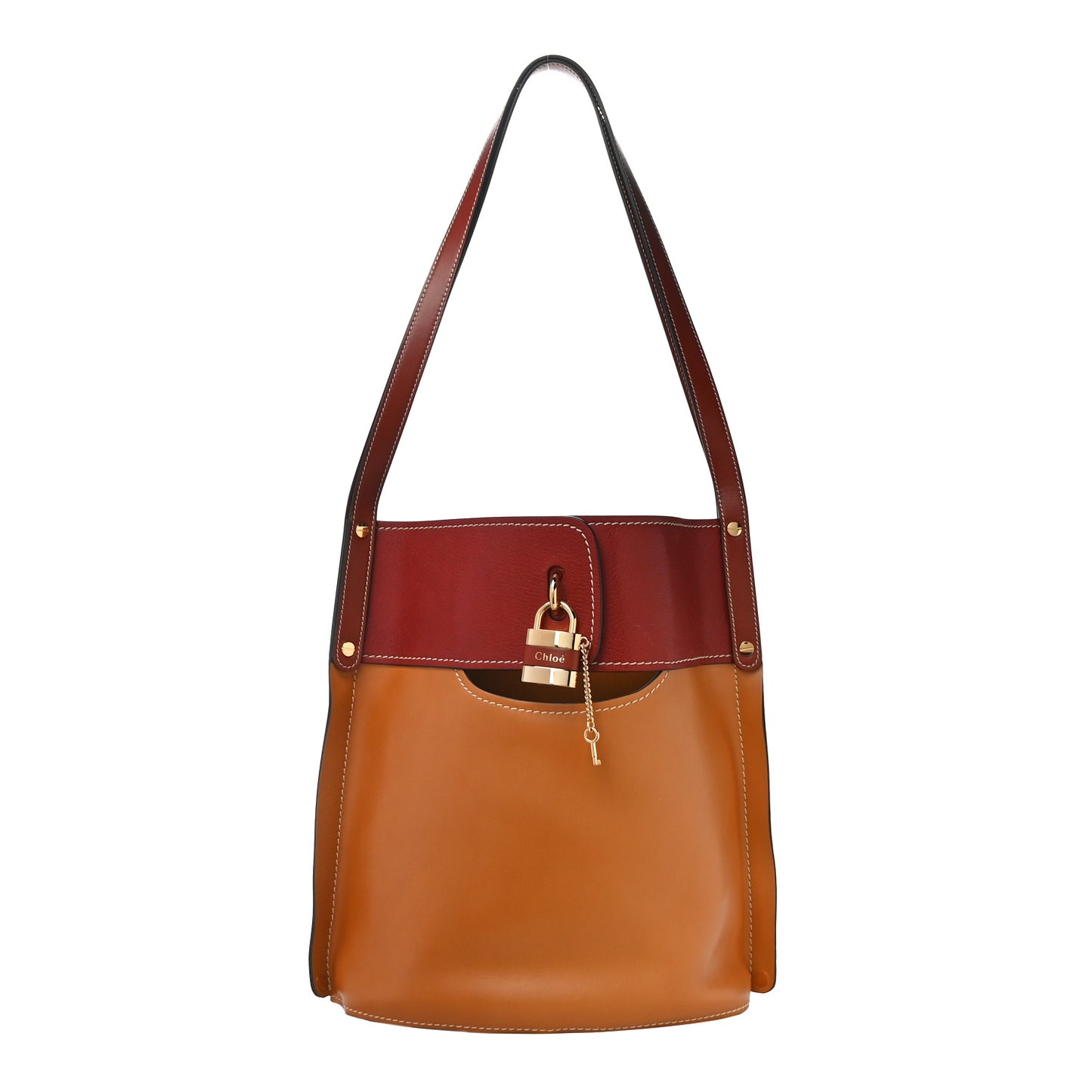 Shiny Calfskin Goatskin Medium Aby Bi-Color Bucket Bag Autumnal Brown