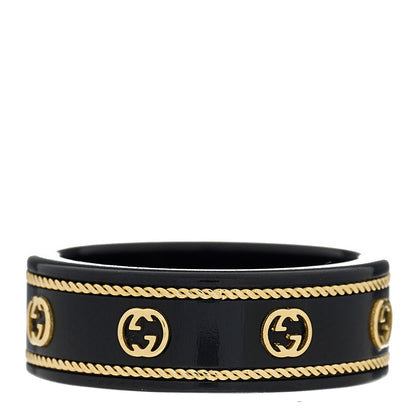 Gucci Black Synthetic Corundum 18K Yellow Gold Interlocking G Band Ring 54 6.75 3 of 8