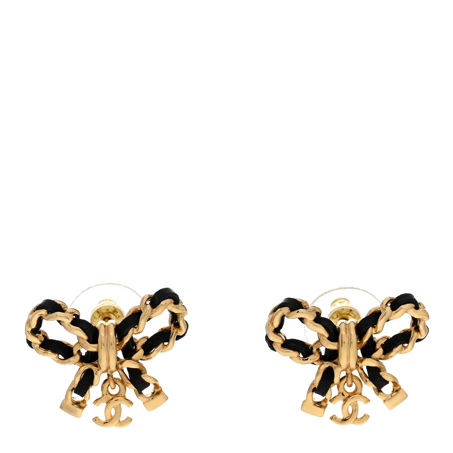Lambskin Chain Bow Stud Earrings Black Gold