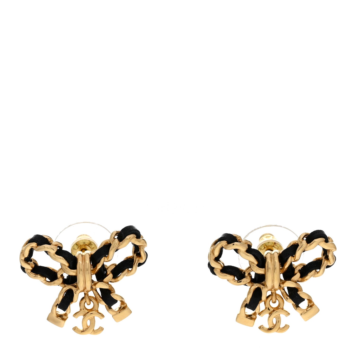 Chanel Lambskin Chain Bow Stud Earrings Black Gold 1 of 5