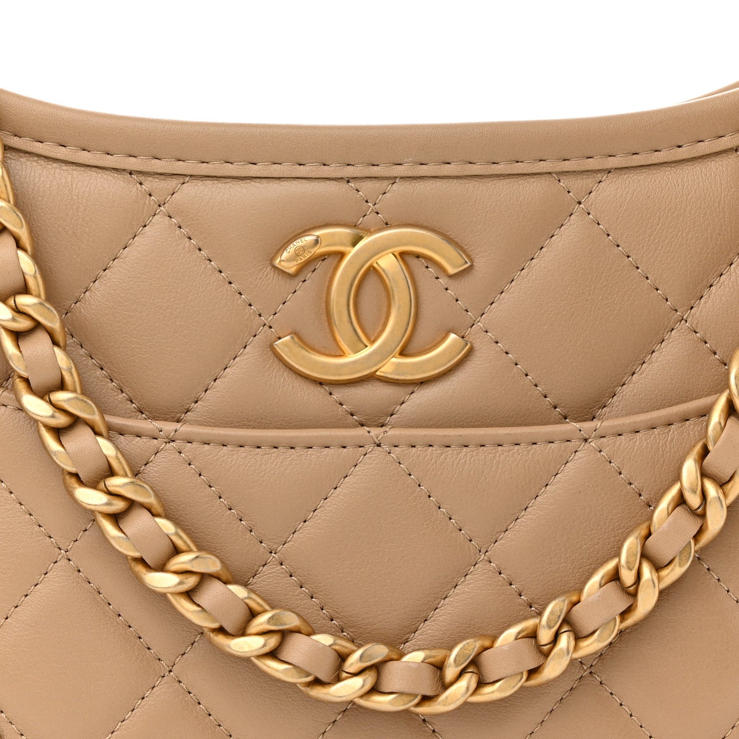 Calfskin Quilted CC Hobo Handbag Beige