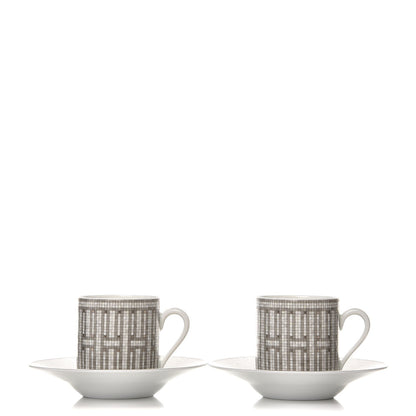 Hermes Porcelain Mosaique Au 24 Platine Tea Cup And Saucer Set Of 2 Platinum 1 of 9